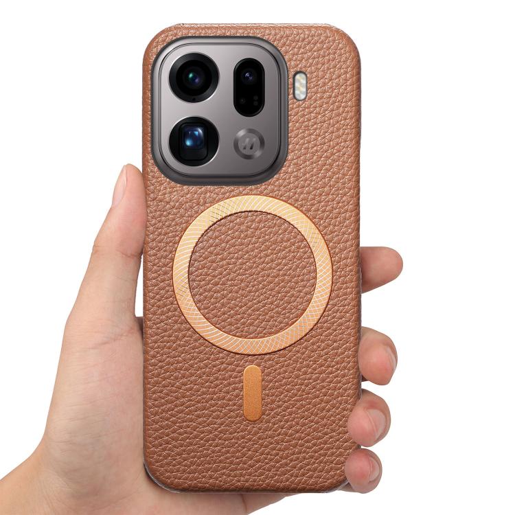 For OPPO Find X9 Pro Litchi Texture Brushed MagSafe PU Back Cover Phone Case