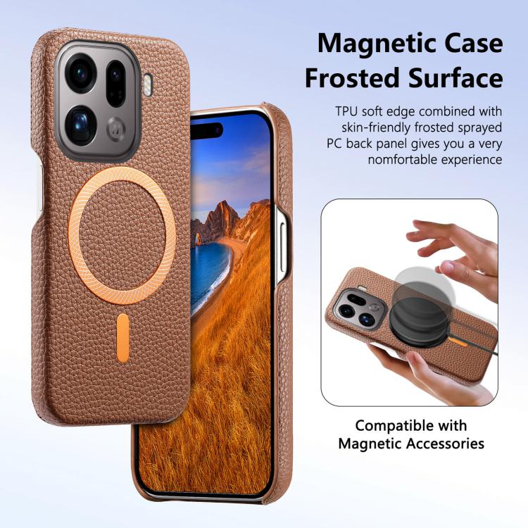 For OPPO Find X9 Pro Litchi Texture Brushed MagSafe PU Back Cover Phone Case