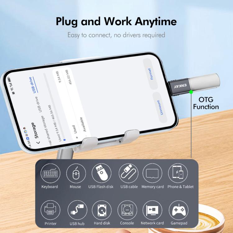 1 Pcs ENKAY ENK-AT130 10Gbps Female USB 3.2 A to Male Type-C Data Adapter Aluminium Alloy Converter