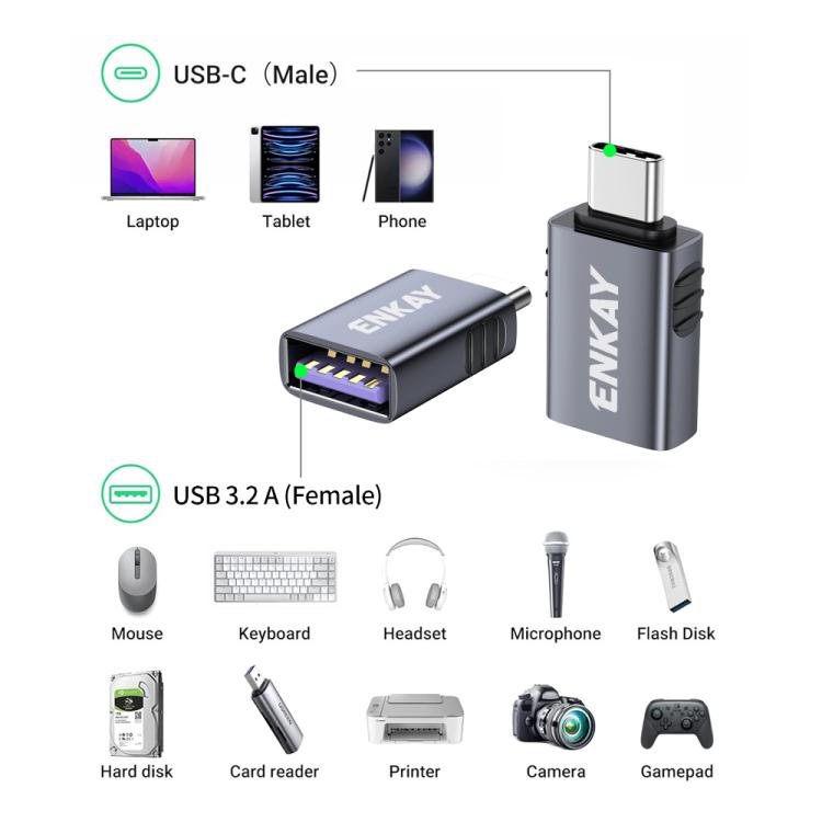 1 Pcs ENKAY ENK-AT130 10Gbps Female USB 3.2 A to Male Type-C Data Adapter Aluminium Alloy Converter