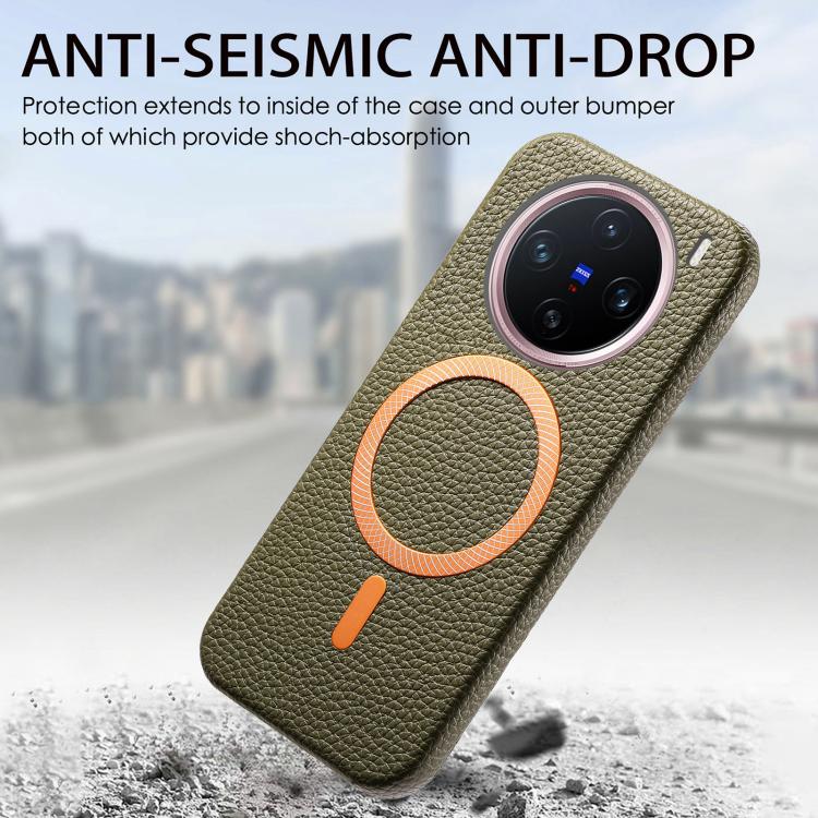 For vivo X200 Litchi Texture Brushed MagSafe PU Back Cover Phone Case