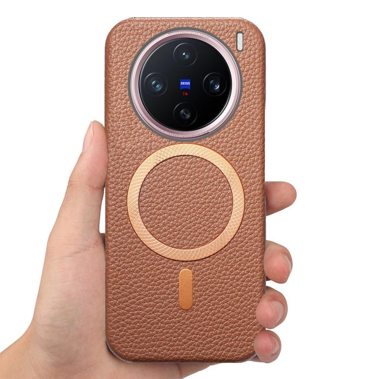 For vivo X200 Litchi Texture Brushed MagSafe PU Back Cover Phone Case