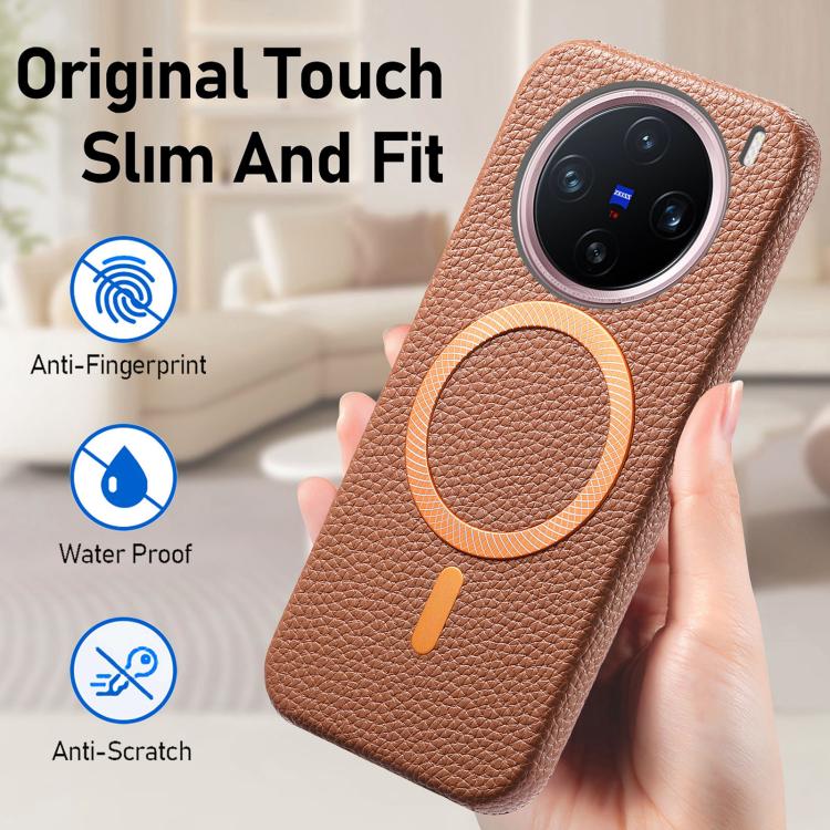For vivo X200 Litchi Texture Brushed MagSafe PU Back Cover Phone Case
