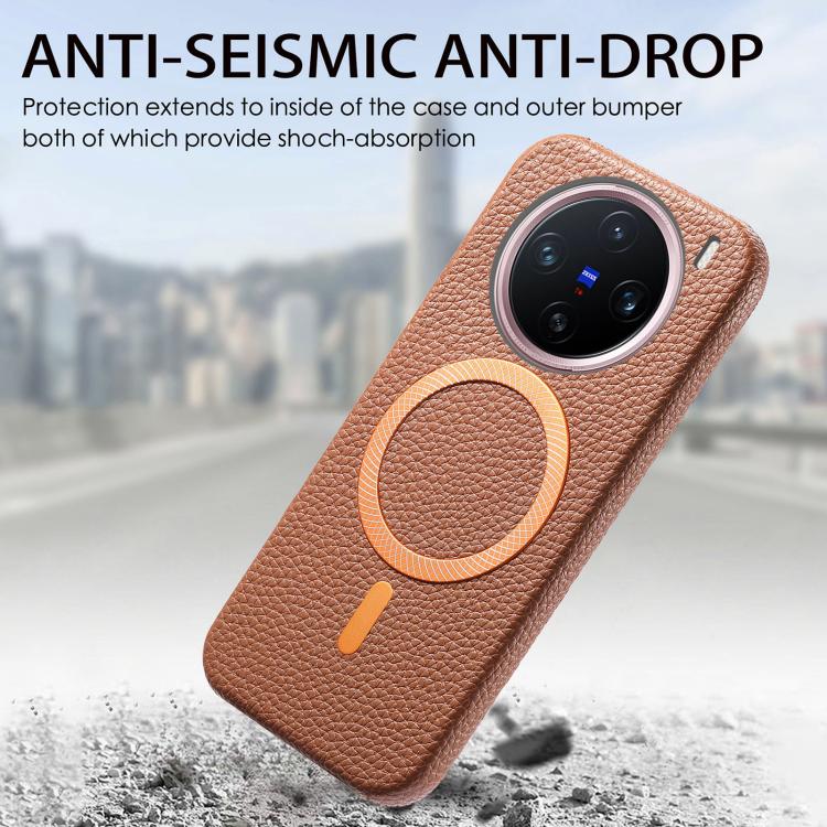 For vivo X200 Litchi Texture Brushed MagSafe PU Back Cover Phone Case