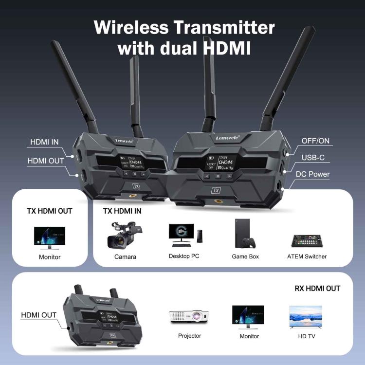 Lemorele R200 Wireless Video Transmitter With Battery 1080P 200M HDMI Loop Out OLED 1TX To 4RX