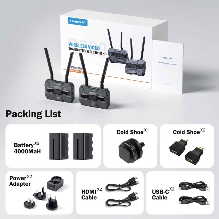 Lemorele R200 Wireless Video Transmitter With Battery 1080P 200M HDMI Loop Out OLED 1TX To 4RX