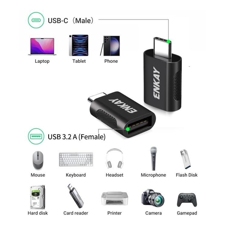 ENKAY ENK-AT131 10Gbps Female USB 3.2 A to Male USB C Data Adapter Zinc Alloy Converter