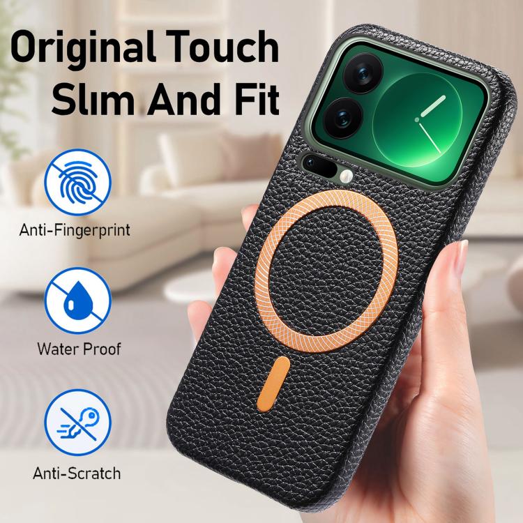 For Xiaomi 17 Pro Max Litchi Texture Brushed MagSafe PU Back Cover Phone Case