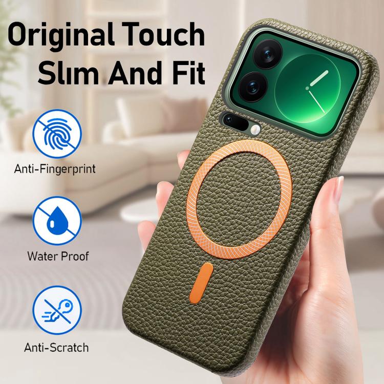 For Xiaomi 17 Pro Max Litchi Texture Brushed MagSafe PU Back Cover Phone Case