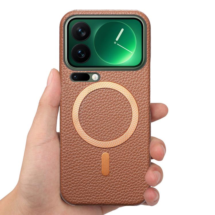 For Xiaomi 17 Pro Max Litchi Texture Brushed MagSafe PU Back Cover Phone Case