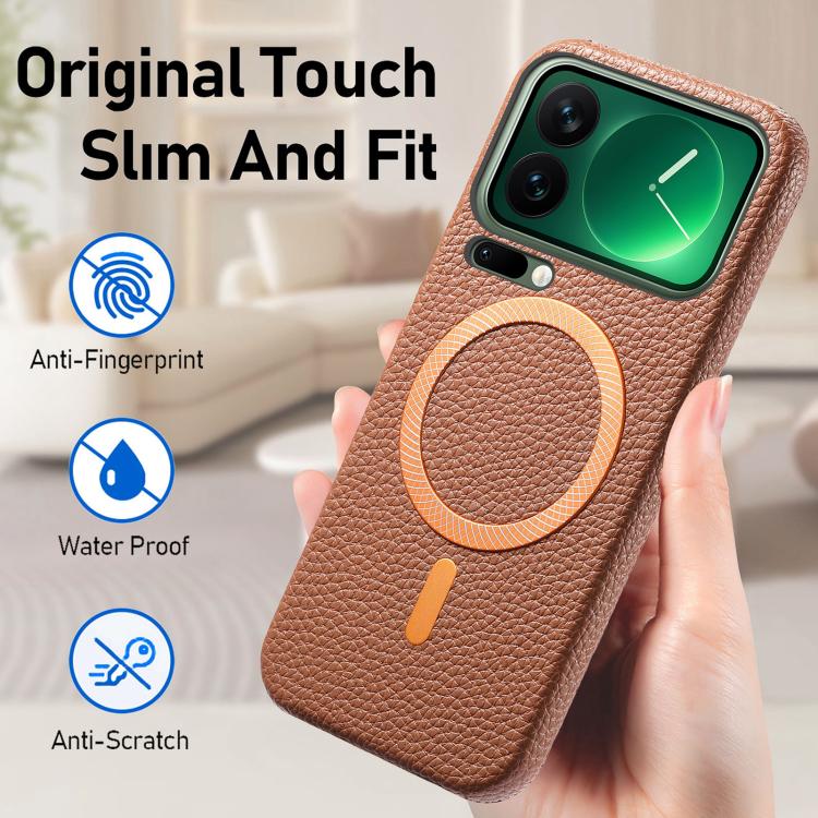 For Xiaomi 17 Pro Max Litchi Texture Brushed MagSafe PU Back Cover Phone Case
