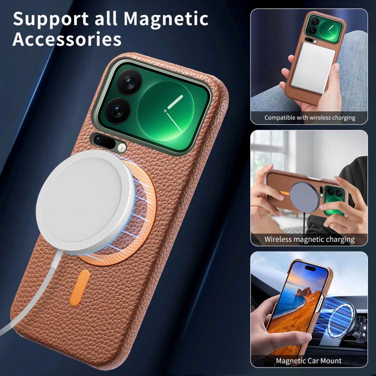 For Xiaomi 17 Pro Max Litchi Texture Brushed MagSafe PU Back Cover Phone Case