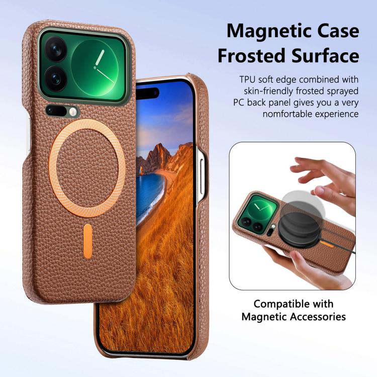 For Xiaomi 17 Pro Max Litchi Texture Brushed MagSafe PU Back Cover Phone Case