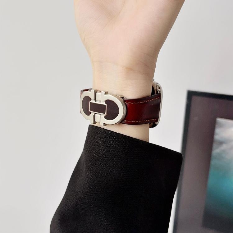 For Apple Watch 46mm / 49mm / 45mm / 44mm Double G Magnetic Buckle Genuine Leather Watch Band