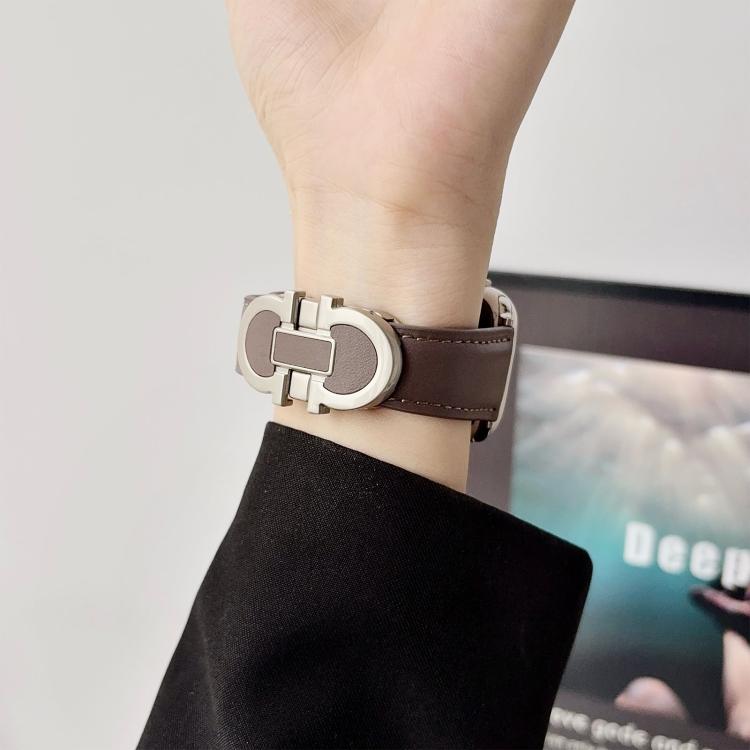 For Apple Watch 46mm / 49mm / 45mm / 44mm Double G Magnetic Buckle Genuine Leather Watch Band