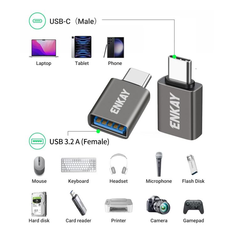 2 Pcs ENKAY ENK-AT134 10Gbps Female USB 3.2 A to Male USB C Data Adapter Aluminum Alloy Converter