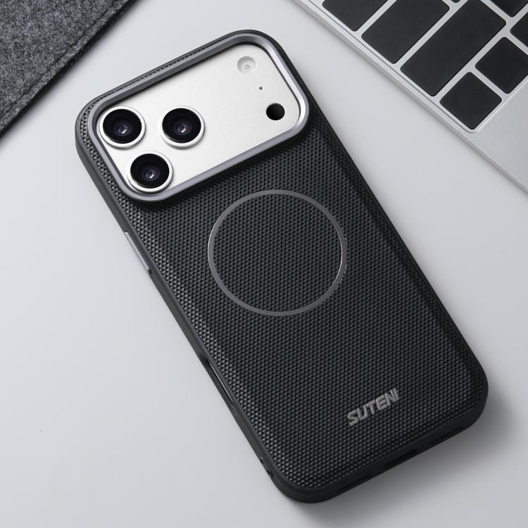 For iPhone 17 Suteni G8 Magnetic Triangle Texture Vegan Leather Back Phone Case