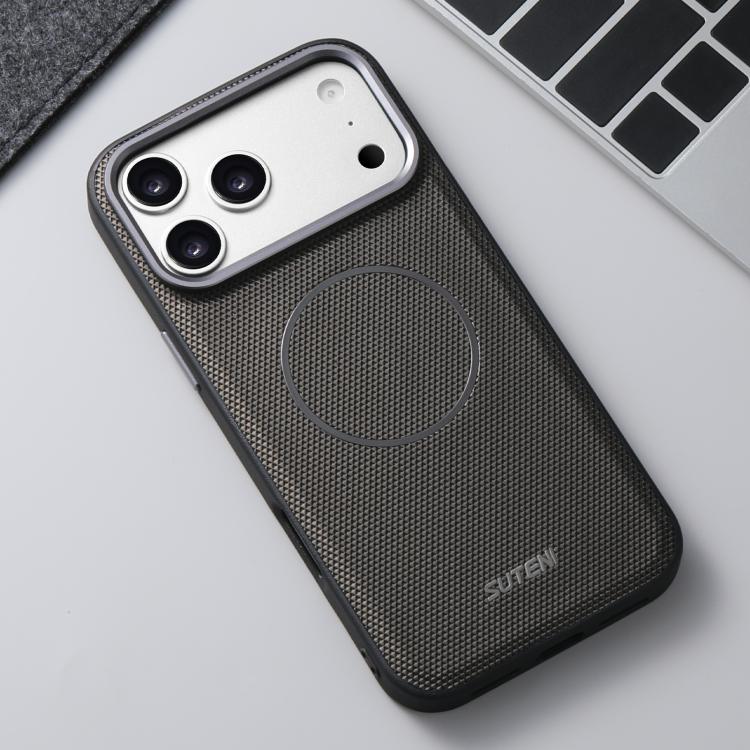 For iPhone 17 Suteni G8 Magnetic Triangle Texture Vegan Leather Back Phone Case