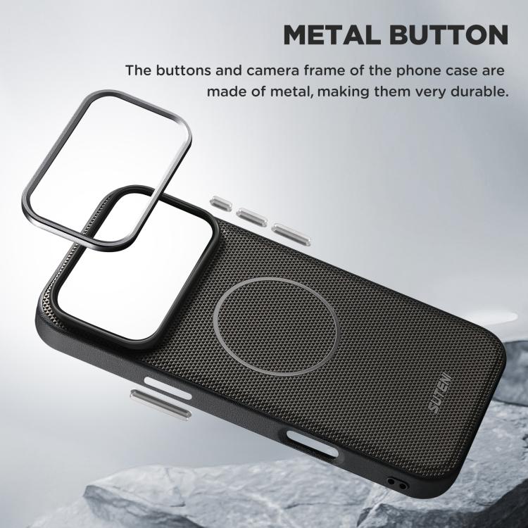 For iPhone 16 Suteni G8 Magnetic Triangle Texture Vegan Leather Back Phone Case