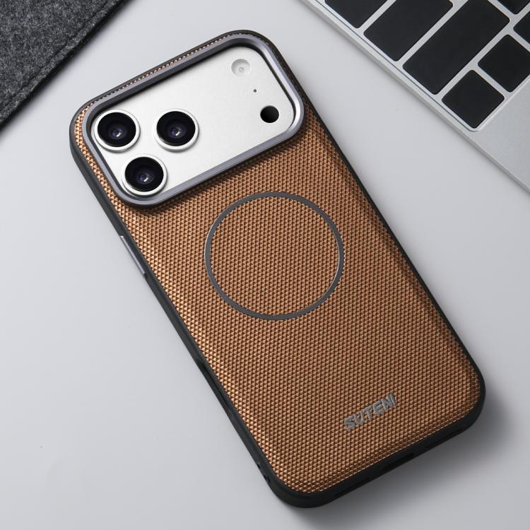 For iPhone 15 Pro Suteni G8 Magnetic Triangle Texture Vegan Leather Back Phone Case