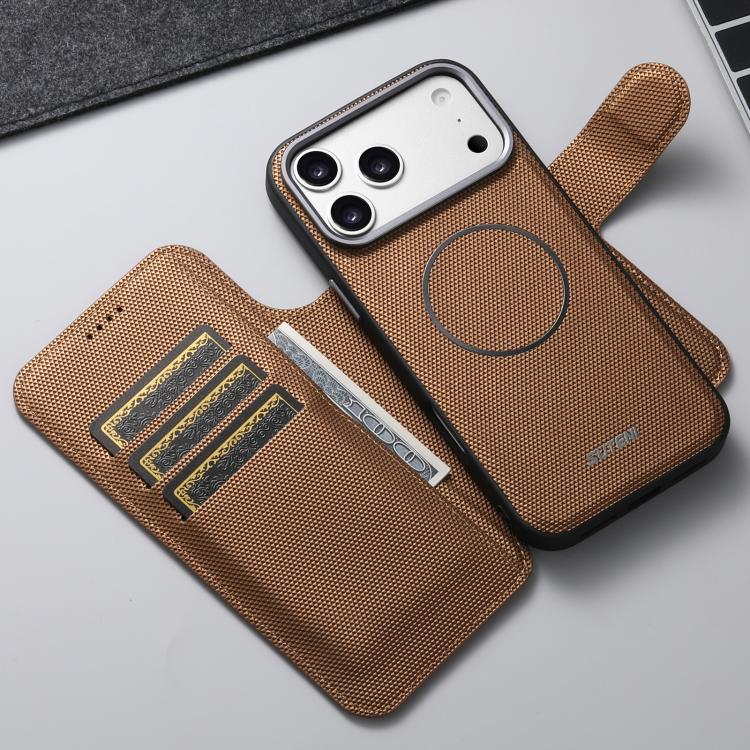 For iPhone 15 Suteni Q09 Magnetic Detachable Wallet  2 in 1 Triangle Texture Vegan Leather Phone Case