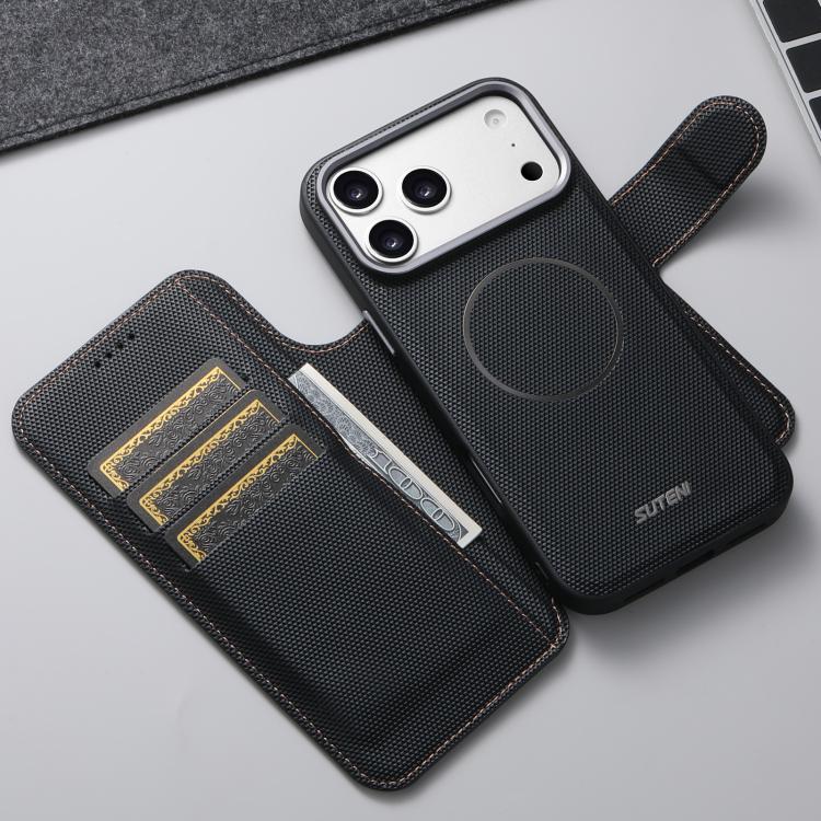 For iPhone 14 / 13 Suteni Q09 Magnetic Detachable Wallet  2 in 1 Triangle Texture Vegan Leather Phone Case