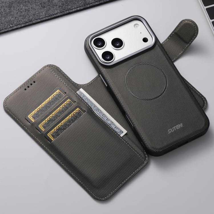 For iPhone 14 Pro Suteni Q09 Magnetic Detachable Wallet  2 in 1 Triangle Texture Vegan Leather Phone Case