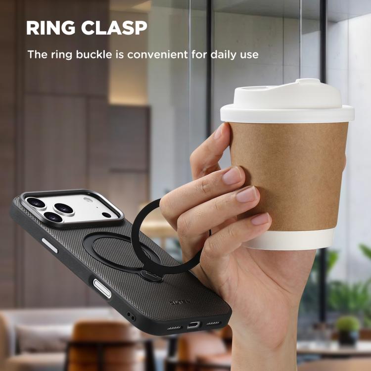 For iPhone 17 Suteni G7 360 Rotation Magnetic Holder Triangle Texture Vegan Leather Back Phone Case
