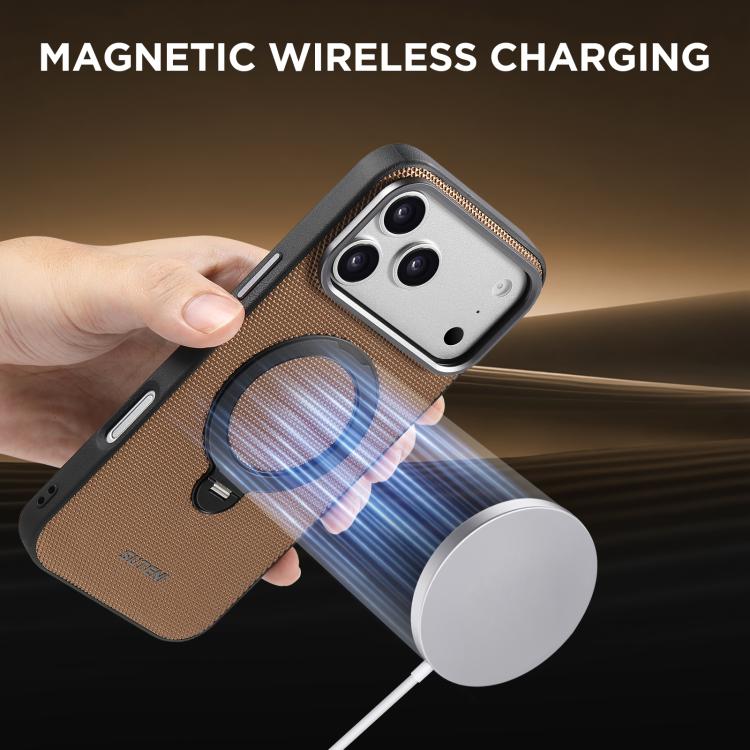 For iPhone 16 Pro Max Suteni G7 360 Rotation Magnetic Holder Triangle Texture Vegan Leather Back Phone Case