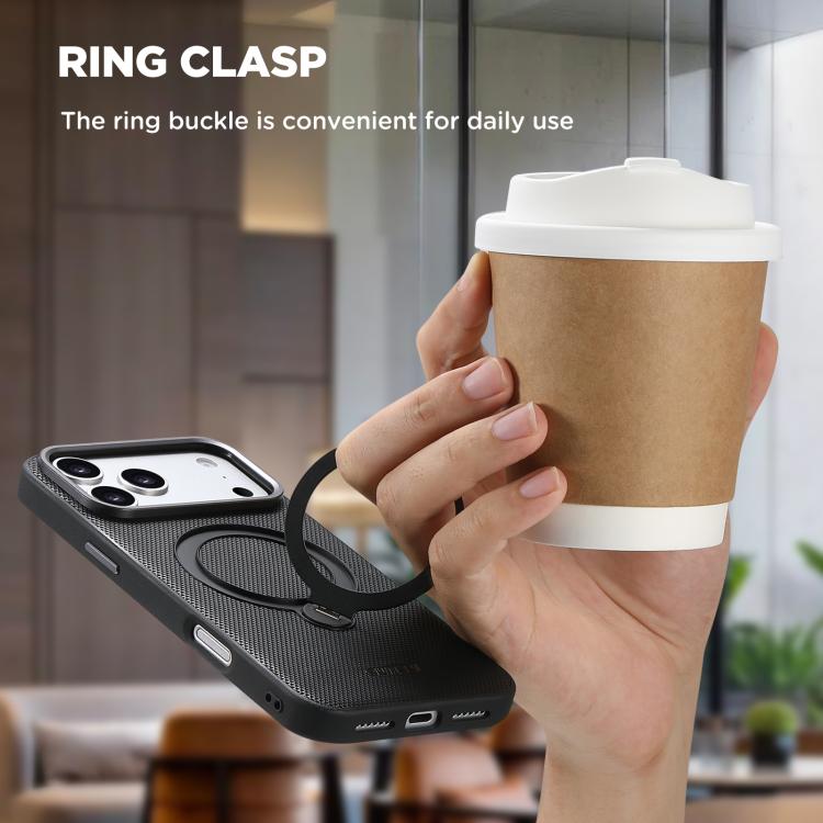 For iPhone 15 Suteni G7 360 Rotation Magnetic Holder Triangle Texture Vegan Leather Back Phone Case