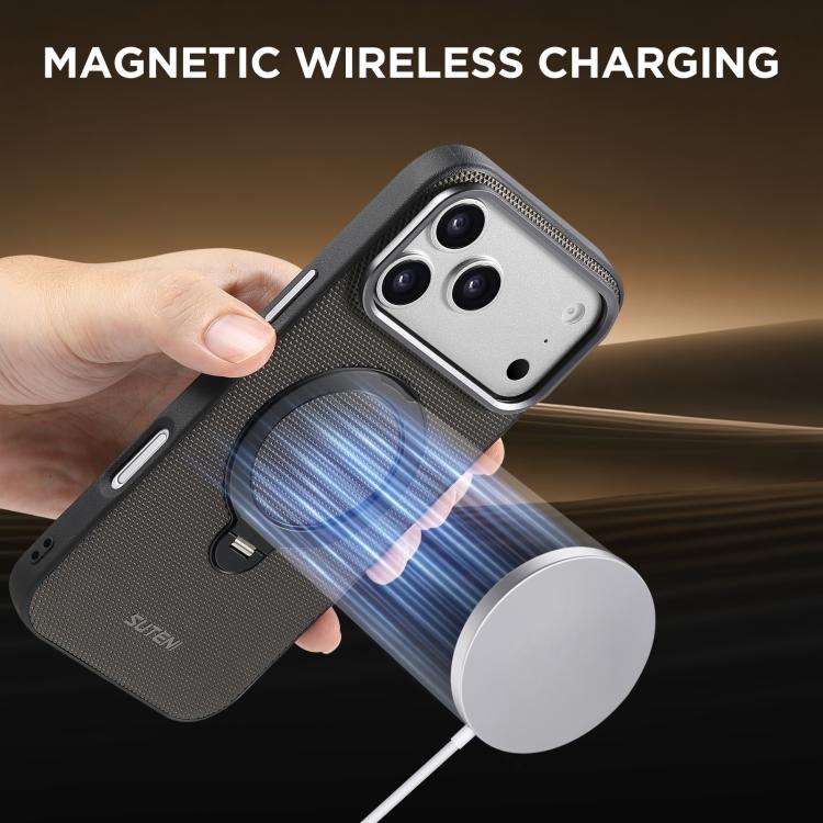 For iPhone 15 Suteni G7 360 Rotation Magnetic Holder Triangle Texture Vegan Leather Back Phone Case