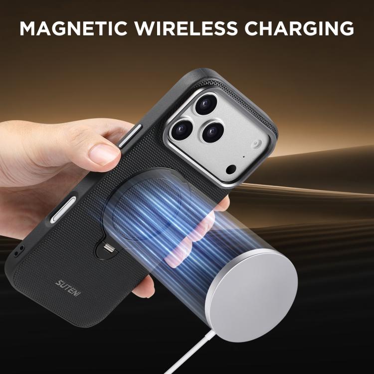For iPhone 14 / 13 Suteni G7 360 Rotation Magnetic Holder Triangle Texture Vegan Leather Back Phone Case