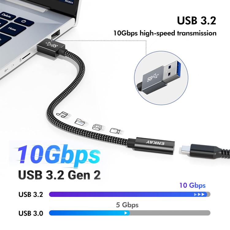 ENKAY ENK-AT136 10Gbps Female Type-C to Male USB 3.2 A Data Adapter 60W Fast Charging Cable, Length:15cm