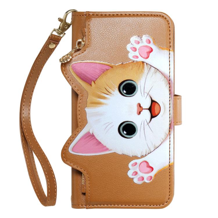For iPhone 16 Cat-shaped Zipper Wallet Vegan Leather Phone Case with Strap