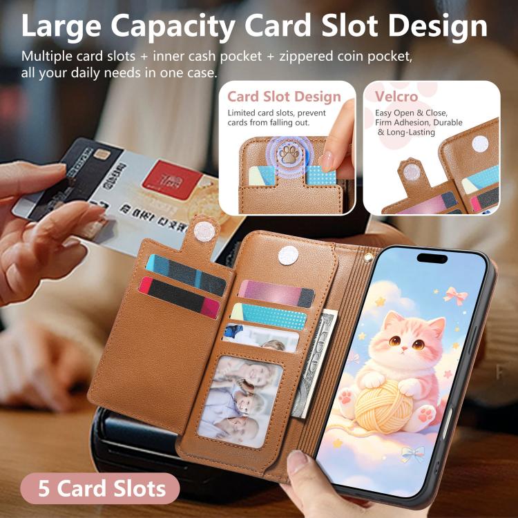 For iPhone 16 Cat-shaped Zipper Wallet Vegan Leather Phone Case with Strap