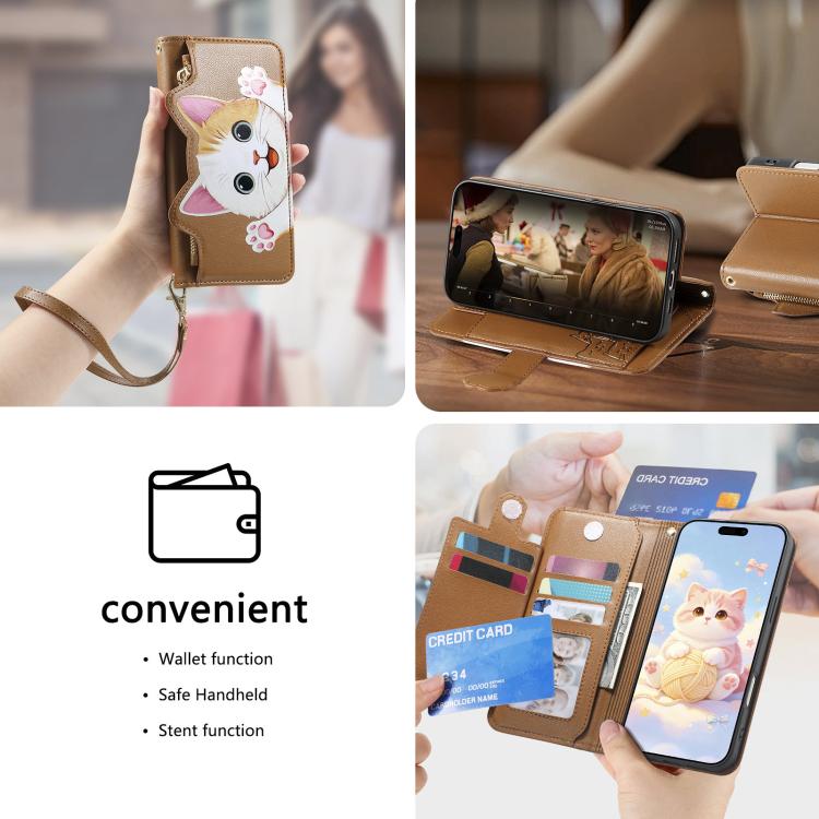 For iPhone 16 Cat-shaped Zipper Wallet Vegan Leather Phone Case with Strap