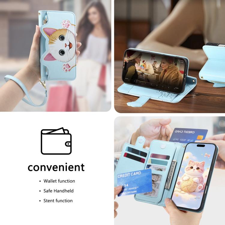 For iPhone 16 Cat-shaped Zipper Wallet Vegan Leather Phone Case with Strap