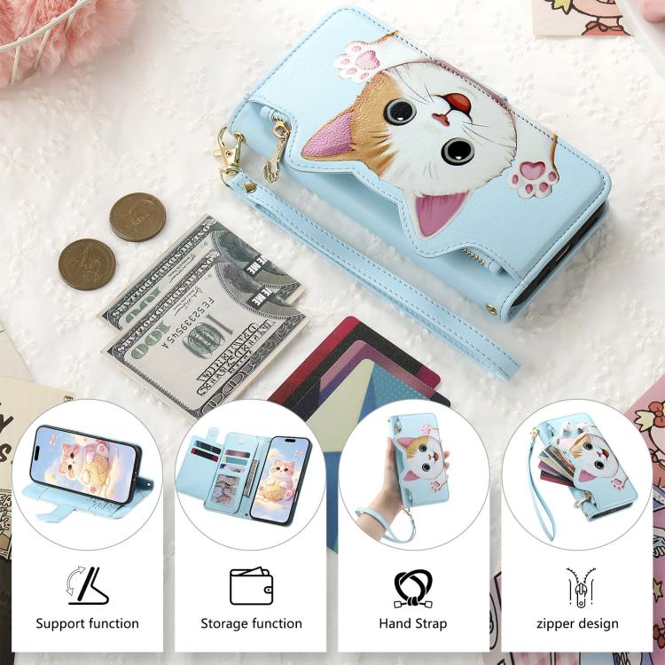 For iPhone 16 Cat-shaped Zipper Wallet Vegan Leather Phone Case with Strap
