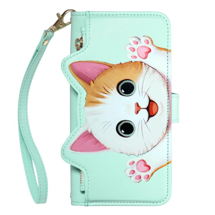 For iPhone 16 Cat-shaped Zipper Wallet Vegan Leather Phone Case with Strap