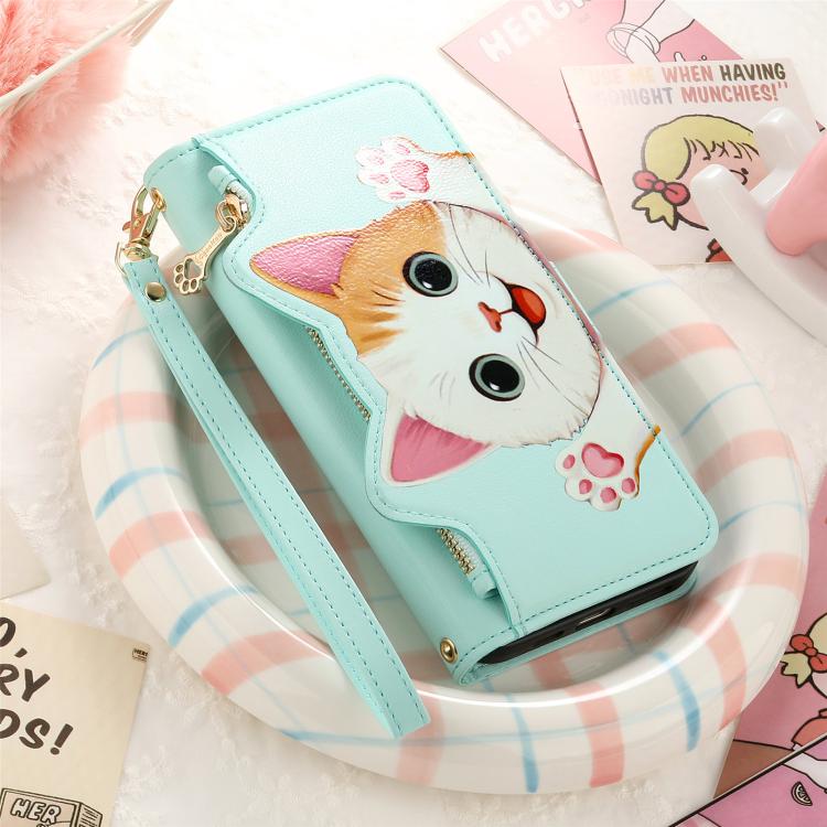 For iPhone 16 Cat-shaped Zipper Wallet Vegan Leather Phone Case with Strap