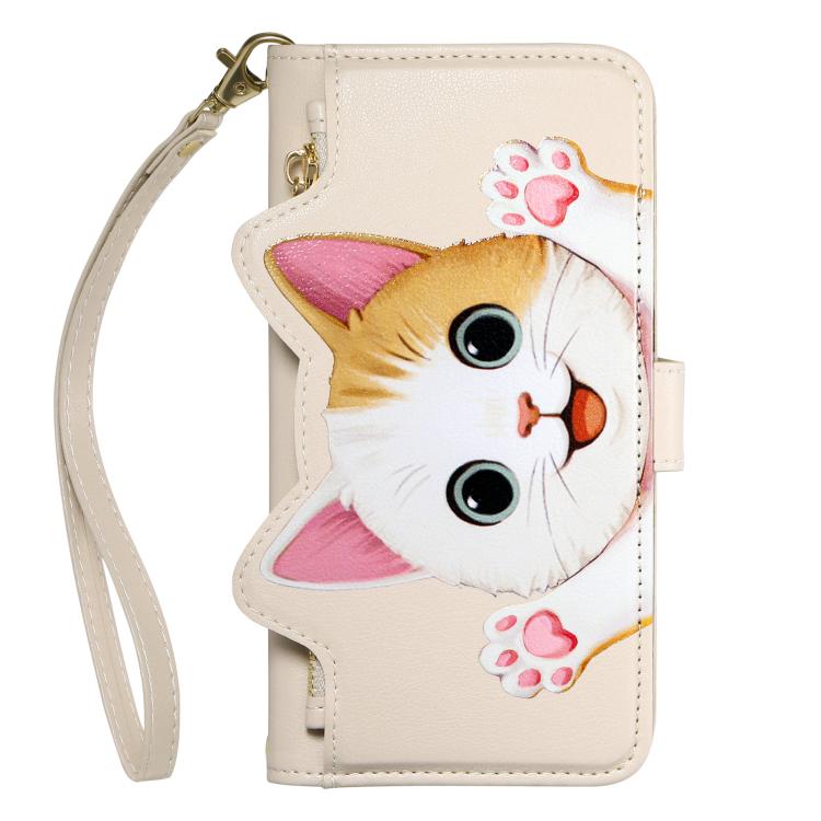 For iPhone 16 Cat-shaped Zipper Wallet Vegan Leather Phone Case with Strap