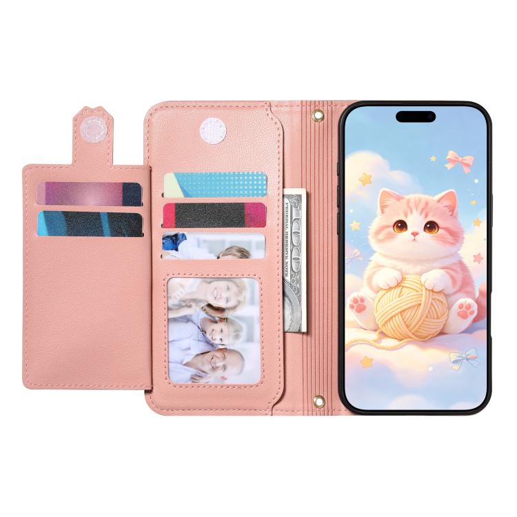 For iPhone 16 Cat-shaped Zipper Wallet Vegan Leather Phone Case with Strap