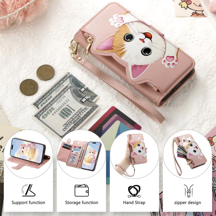 For iPhone 16 Cat-shaped Zipper Wallet Vegan Leather Phone Case with Strap