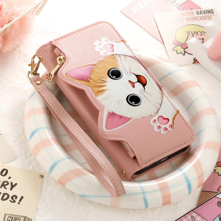 For iPhone 16 Cat-shaped Zipper Wallet Vegan Leather Phone Case with Strap