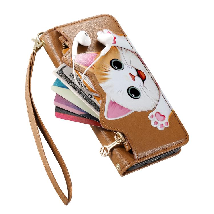 For iPhone 16 Plus Cat-shaped Zipper Wallet Vegan Leather Phone Case with Strap