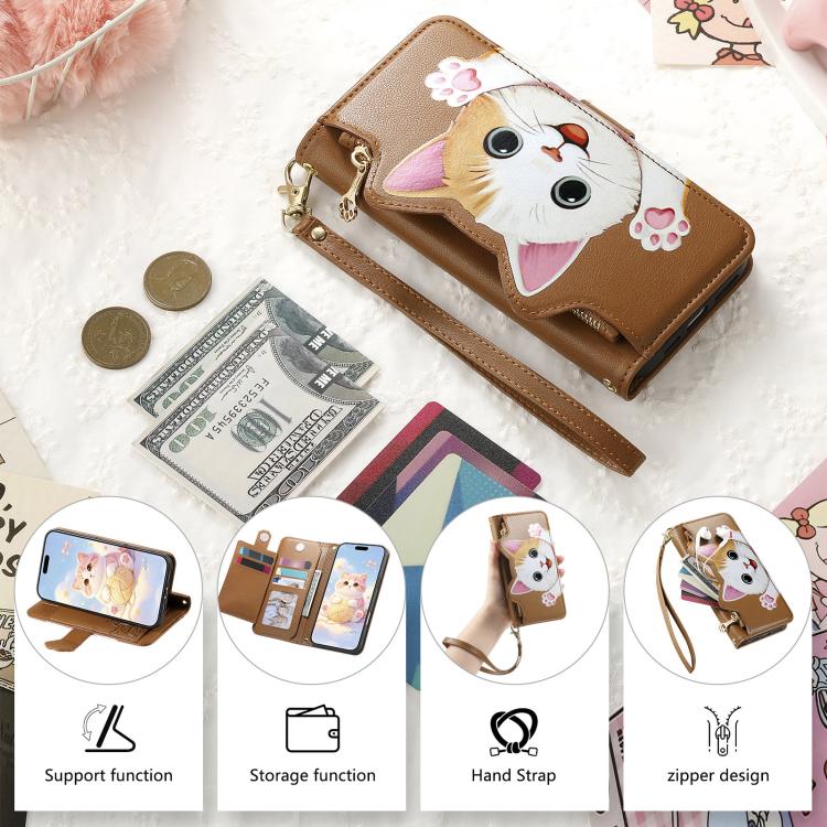 For iPhone 16 Plus Cat-shaped Zipper Wallet Vegan Leather Phone Case with Strap