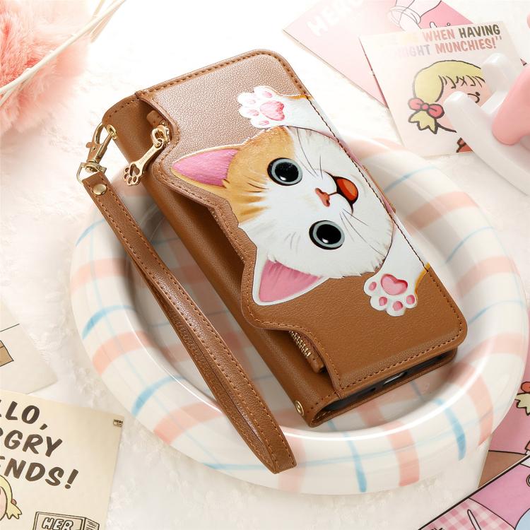 For iPhone 16 Plus Cat-shaped Zipper Wallet Vegan Leather Phone Case with Strap
