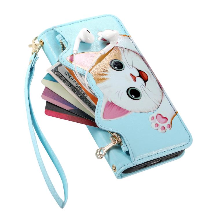For iPhone 16 Plus Cat-shaped Zipper Wallet Vegan Leather Phone Case with Strap