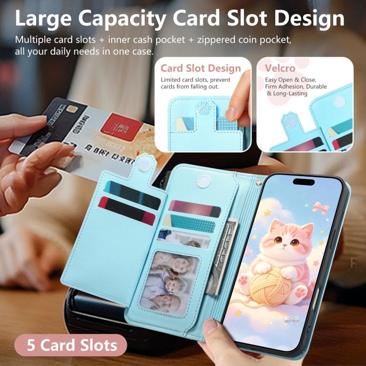 For iPhone 16 Plus Cat-shaped Zipper Wallet Vegan Leather Phone Case with Strap