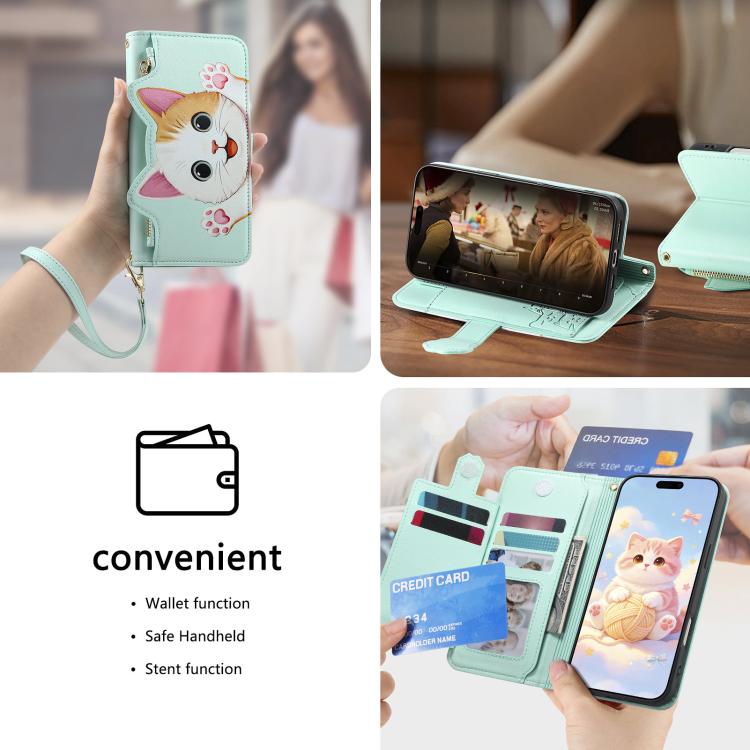 For iPhone 16 Plus Cat-shaped Zipper Wallet Vegan Leather Phone Case with Strap